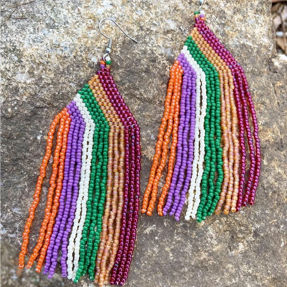 Handcrafted boho fringe beaded long earrings multicolored shoulder dusters - Picture 1 of 6
